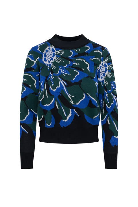Floral Ribbed Neck Cuffs Knit Sweater