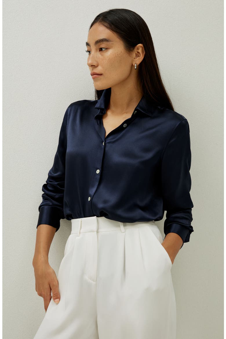 Women's Elegant Button Up Silk Shirt, Alternate, color, Navy Blue