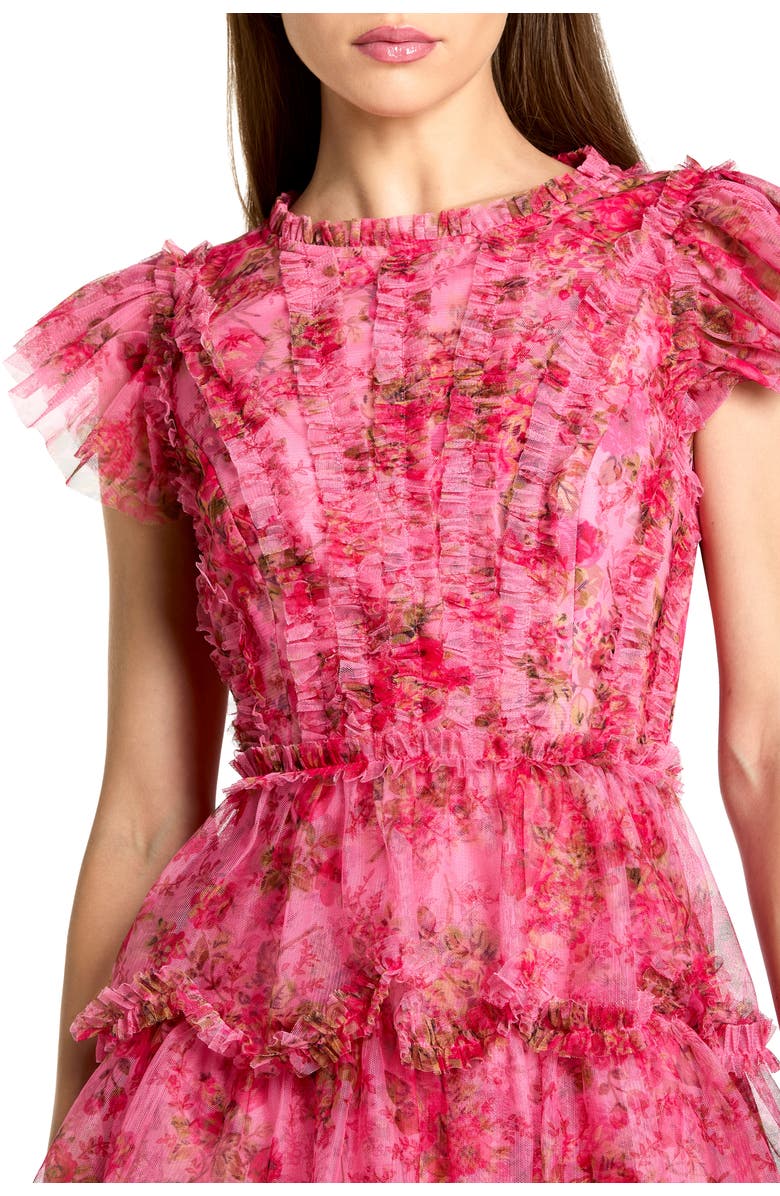 Mac Duggal Floral High Neck Cap Sleeve Ruffle Mini Dress, Alternate, color, Pink Multi