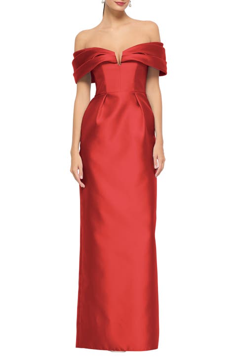 Ellis Off the Shoulder Satin Twill Pencil Gown