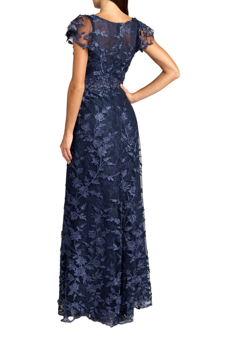 Petite Floral Embroidered Lace Flutter Sleeve Gown, Alternate, color, Midnight