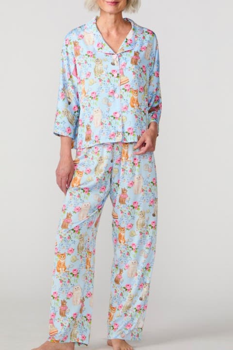 House Cats Silky 3/4 Sleeve PJ Pant Set