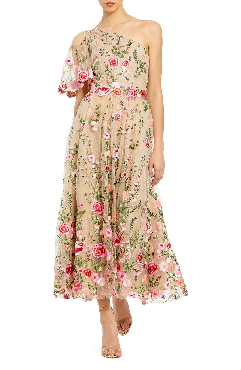 Mac Duggal One Shoulder Floral Lace Embroidered Dress, Main, color, Pink Multi