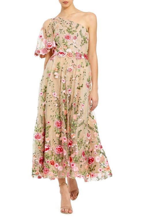 Mac Duggal One Shoulder Floral Lace Embroidered Dress In Pink Multi