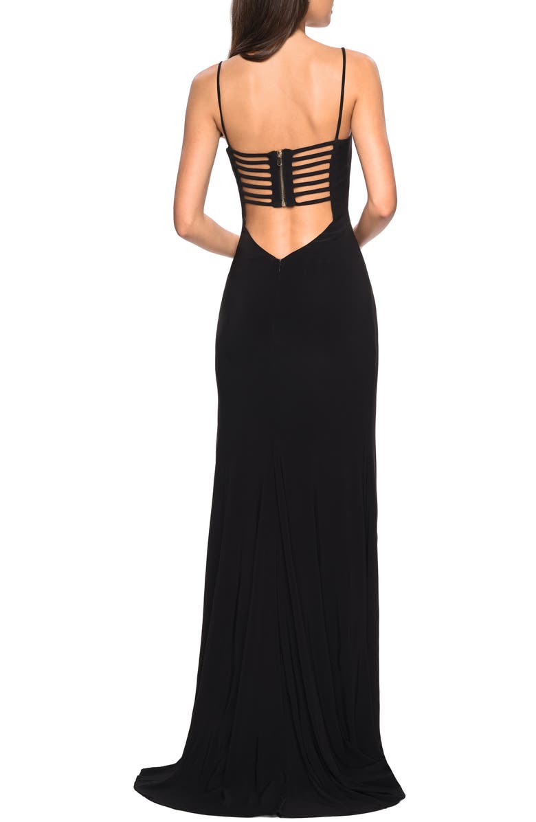 La Femme Strappy Back Jersey Evening Dress, Alternate, color,