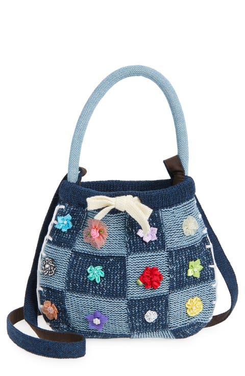 Embellished Check Cotton Knit Handbag