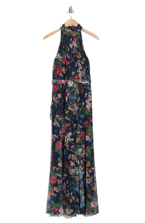 Anne Klein Printed Mesh Asymmetrical Ruffle Hem Maxi Dress In Distant Mountain Multi