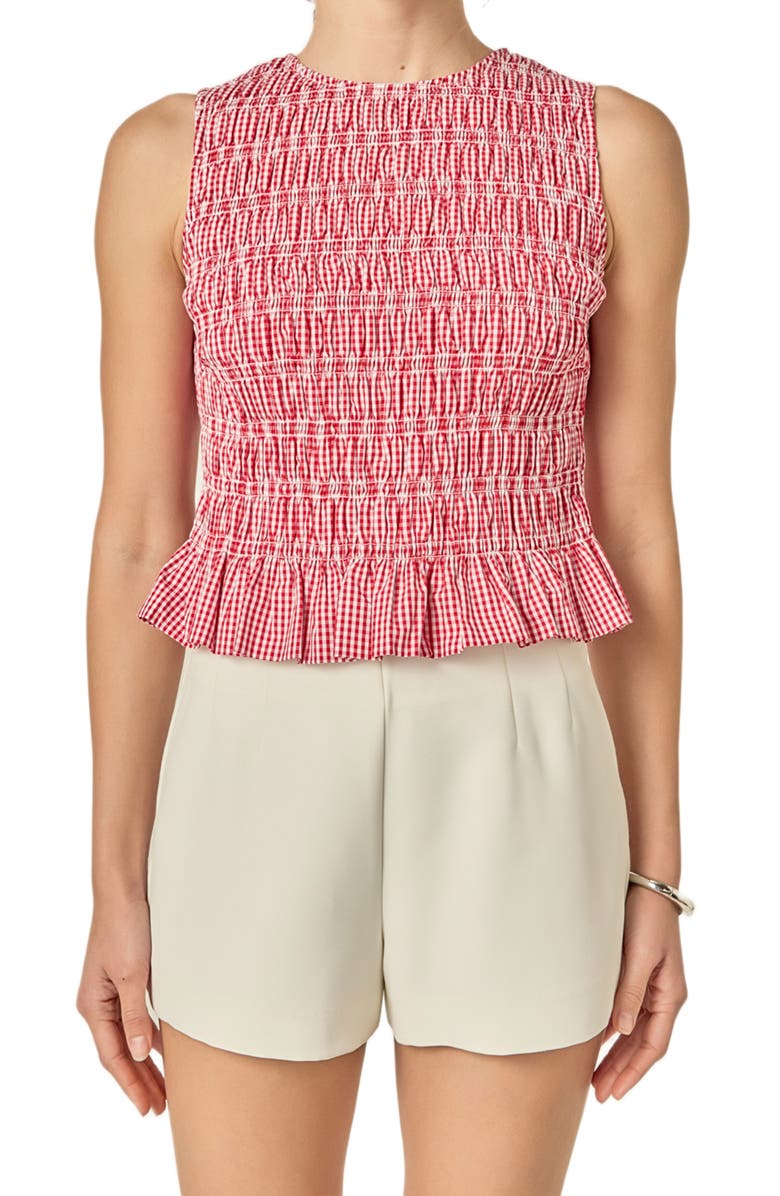 English Factory Smocked Frill Hem Sleeveless Top, Alternate, color, Red