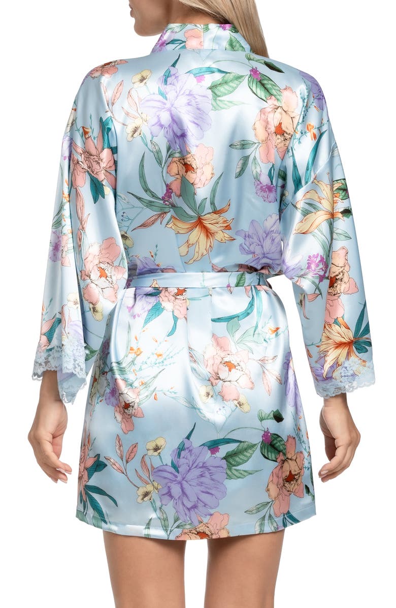 In Bloom by Jonquil Josie Lace Trim Stretch Satin Robe, Alternate, color, Sky Blue