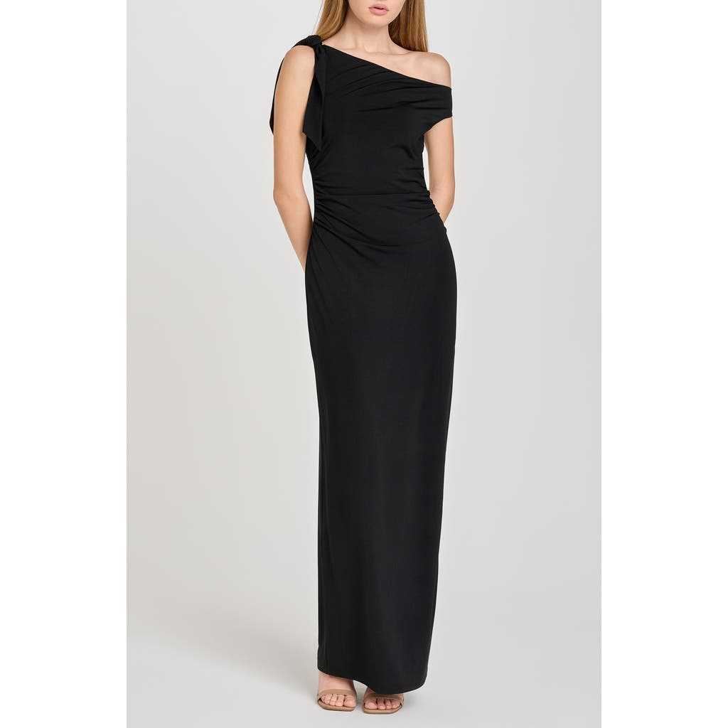 Wayf Say Less Ruched One-shoulder Maxi Dress In Black