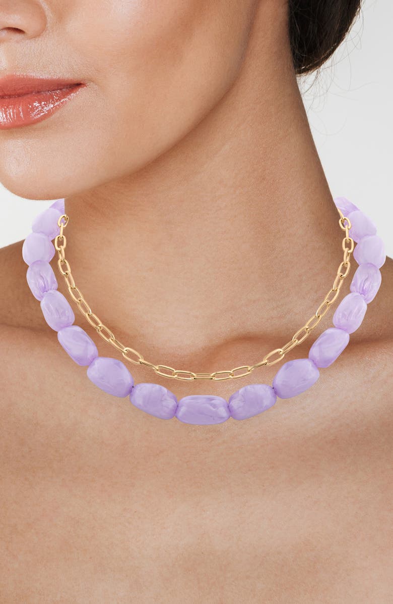 JARDIN Set of 2 Paper Clip Chain & Faux Stone Necklaces, Alternate, color, Lavander/ Gold