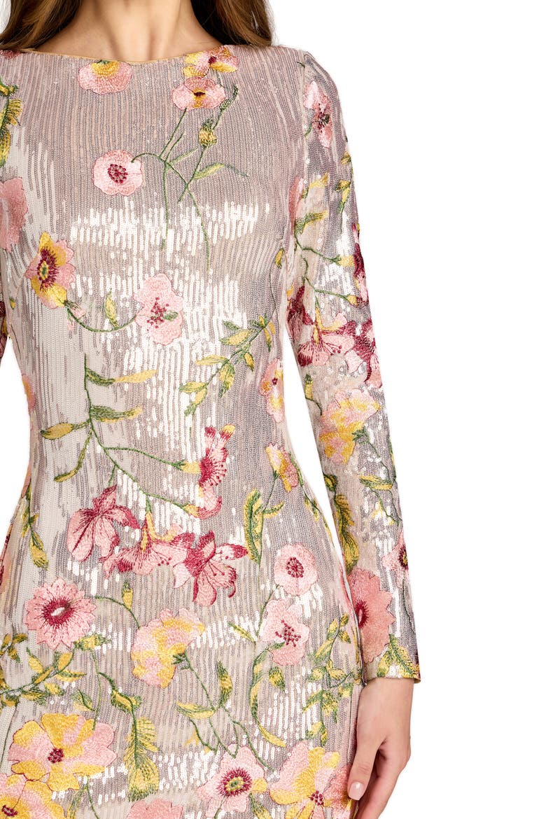Long Sleeve Floral Embroidered Sequin Mini Dress, Alternate, color, Silver Multi