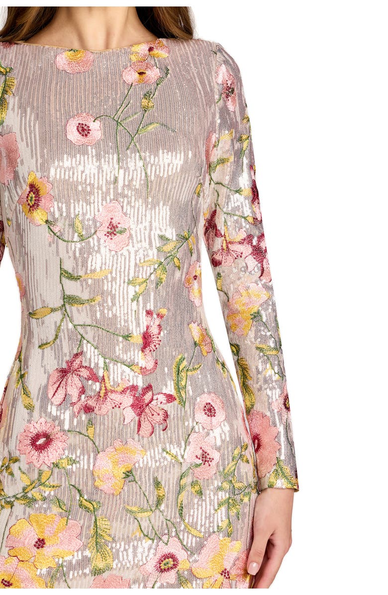 Mac Duggal Long Sleeve Floral Embroidered Sequin Mini Dress, Alternate, color, Silver Multi