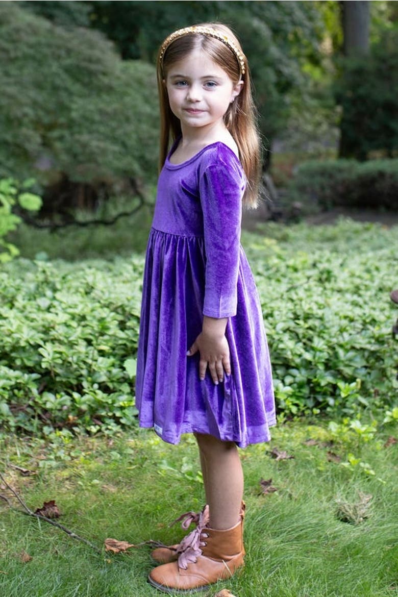Girls Stretch Velvet Twirly Dress, Alternate, color, Dark Purple