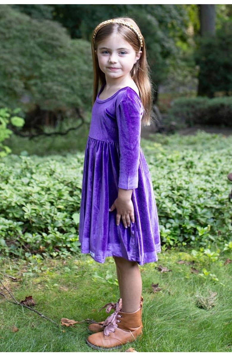 WORTHY THREADS Girls Stretch Velvet Twirly Dress, Alternate, color, Dark Purple