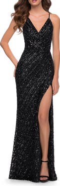 La Femme Long Sequin Gown with Thick Sequin Print Fabric