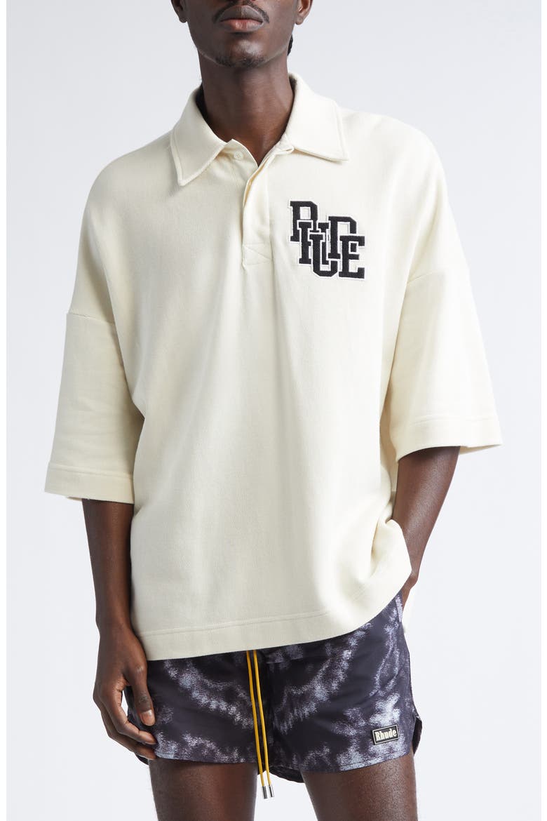 Boxy Logo Embroidered Cotton Piqué Polo, Main, color, WHITE / BLACK 0972
