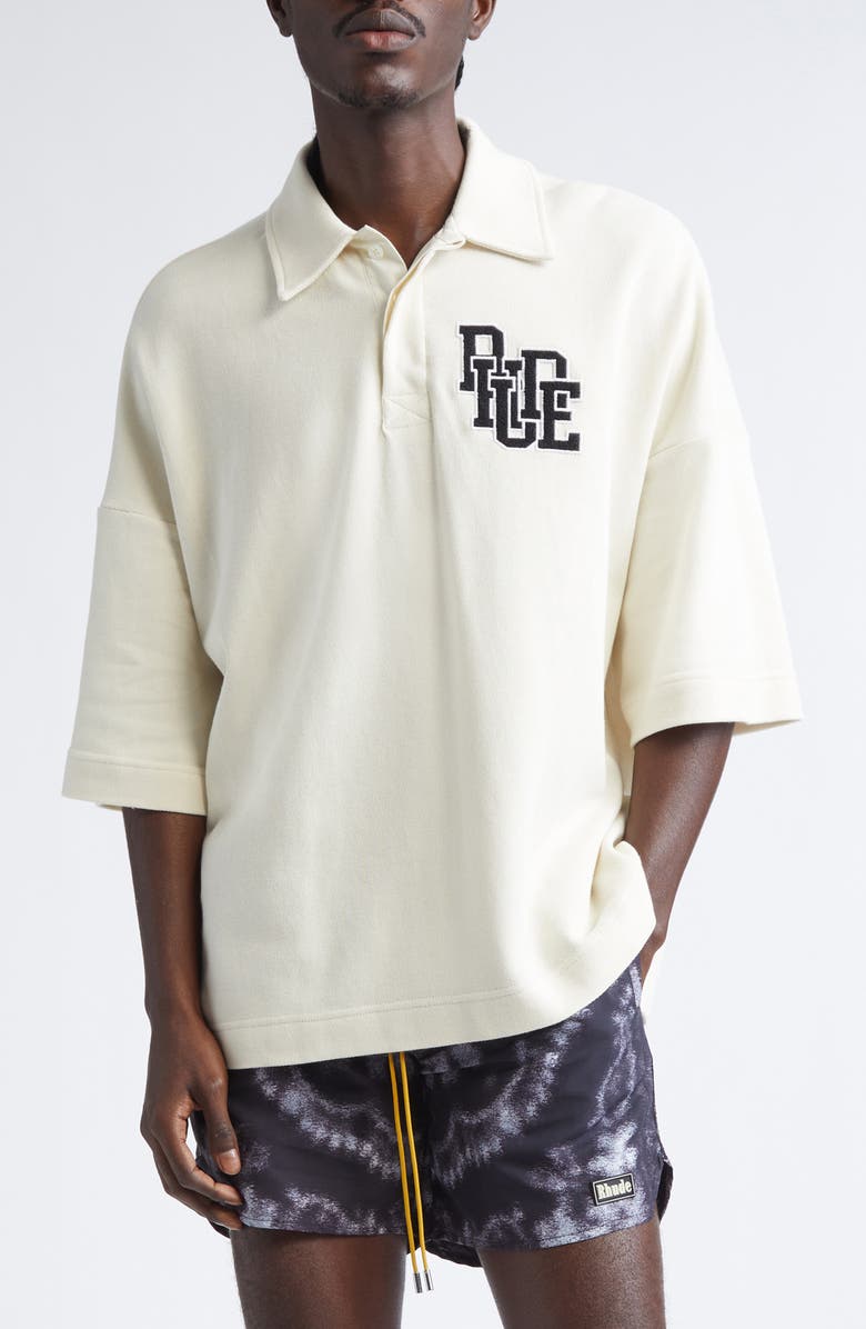 Rhude Boxy Logo Embroidered Cotton Piqué Polo, Main, color, White / Black 0972