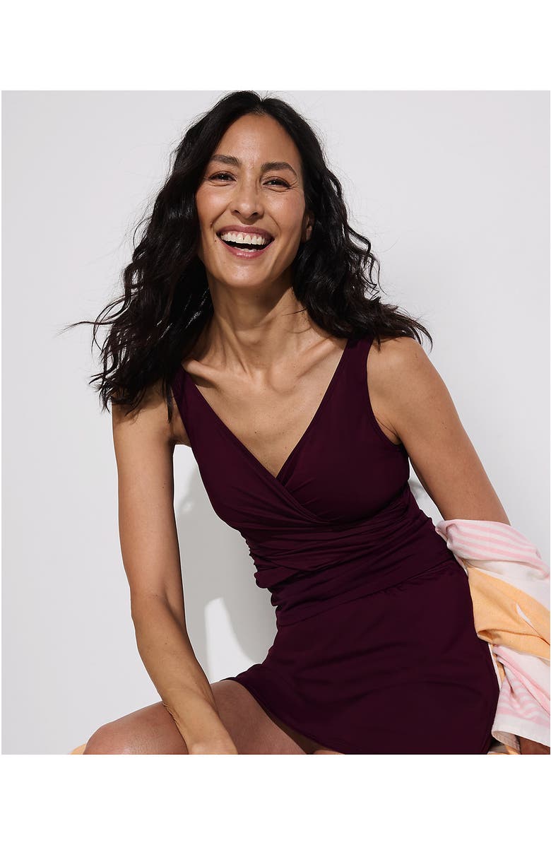 Lands' End Slender Suit Tummy Control Wrap Tankini Swimsuit Top, Alternate, color, Dark Wine