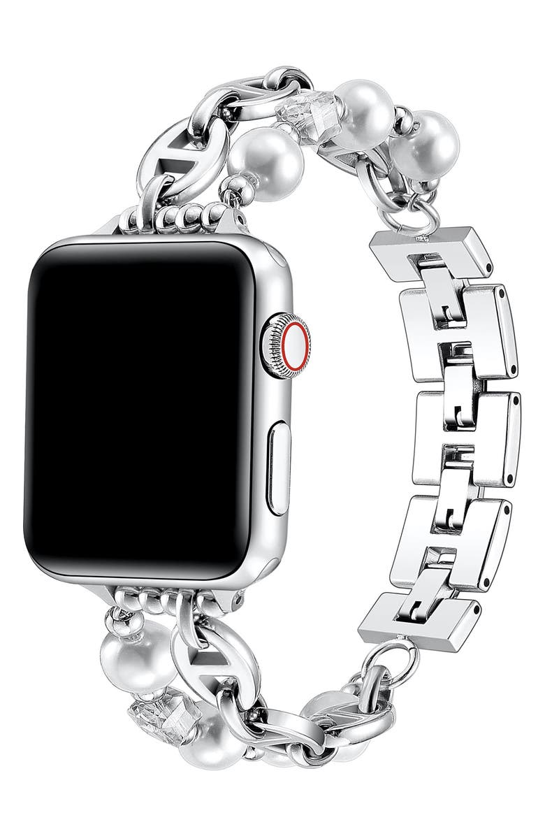 The Posh Tech Luna Imitation Pearl Apple Watch<sup>®</sup> Watchband, 38mm, Alternate, color, Silver