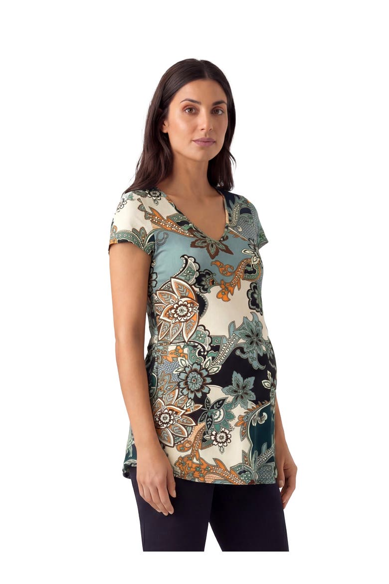 Maternity Basic Floral Print V-Neck Short Sleeve Flared Tunic Top, Alternate, color, Green Multi