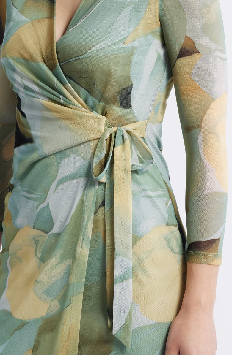 Anne Klein Botanical Print Long Sleeve Mesh Wrap Dress, Alternate, color, 