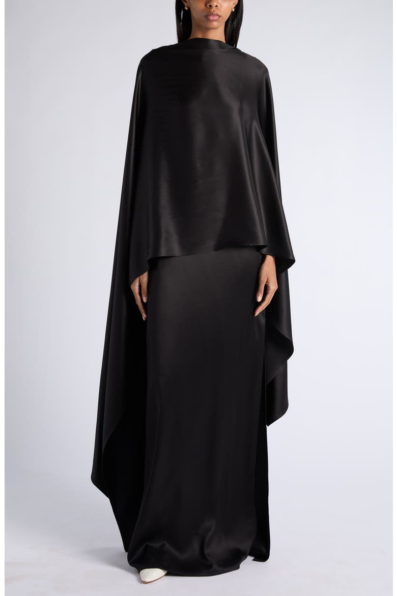 Fluid Silk Satin Cape Maxi Dress, Main, color, DOUBLE BLACK