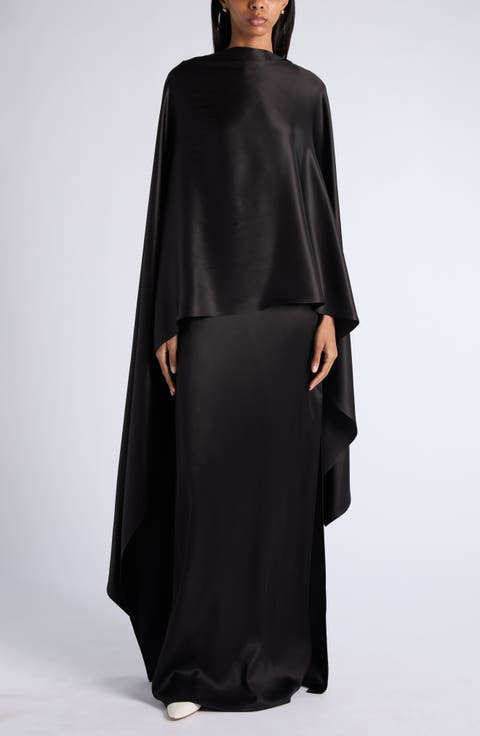 Fluid Silk Satin Cape Maxi Dress