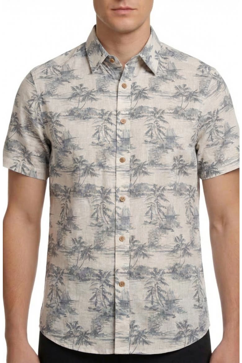 Beach Print Short Sleeve Linen & Cotton Blend Button-Up Shirt, Main, color, GREY