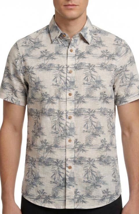 Beach Print Short Sleeve Linen & Cotton Blend Button-Up Shirt