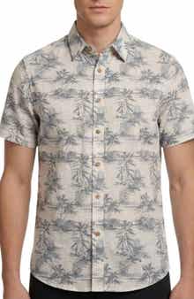 Report Collection Beach Print Short Sleeve Linen & Cotton Blend Button-Up Shirt