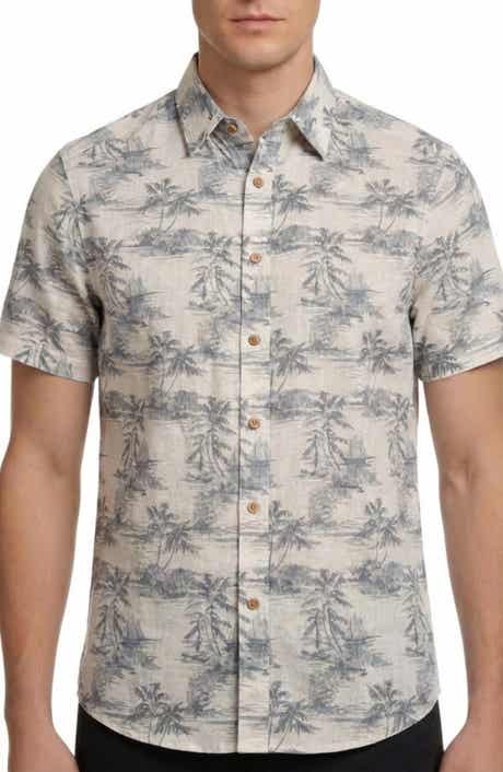 Report Collection Beach Print Short Sleeve Linen & Cotton Blend Button-Up Shirt