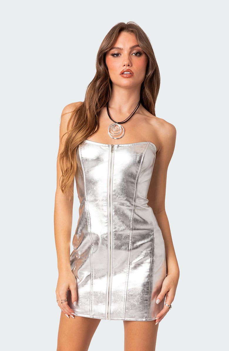 EDIKTED Astro Strapless Metallic Faux Leather Corset Minidress, Alternate, color,