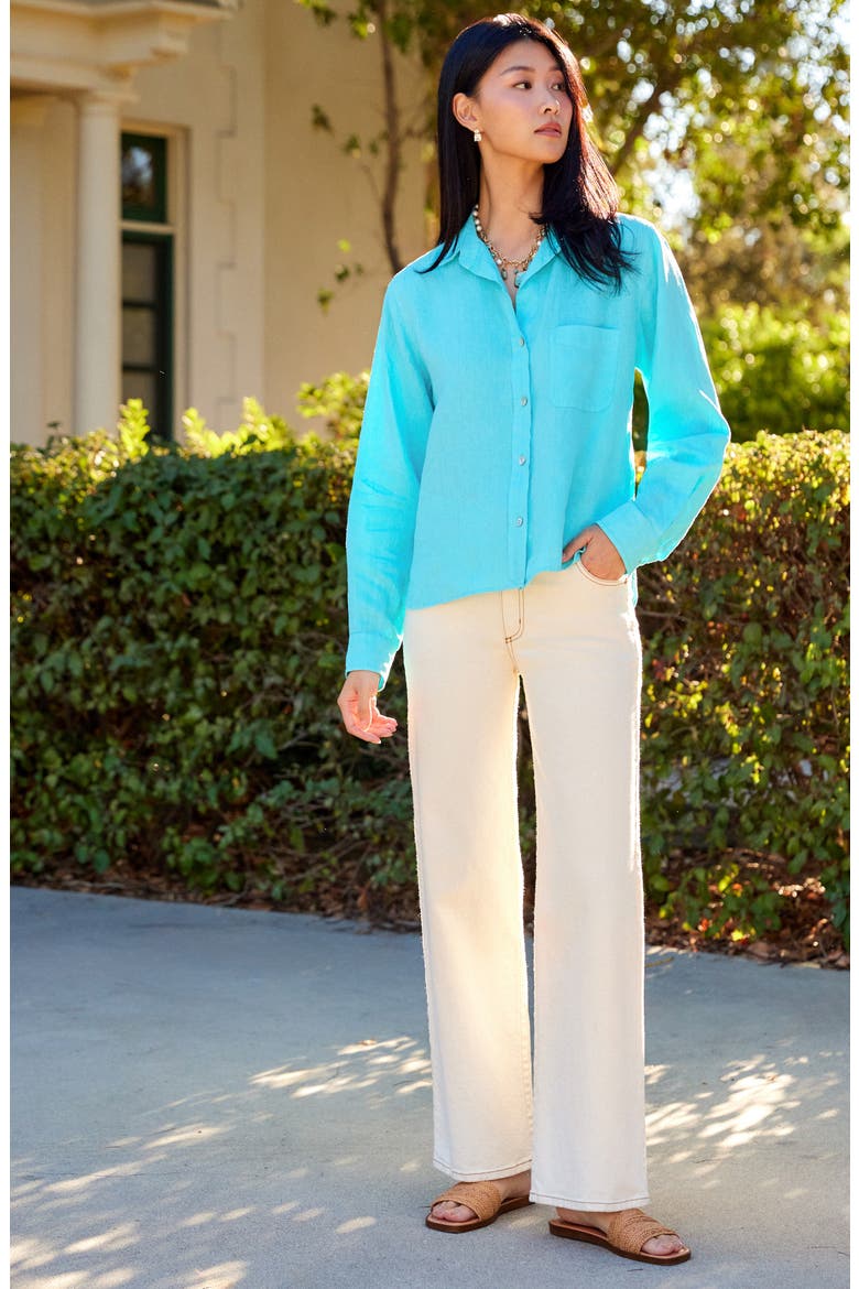 Linen Button-Up Shirt, Alternate, color, AQUA