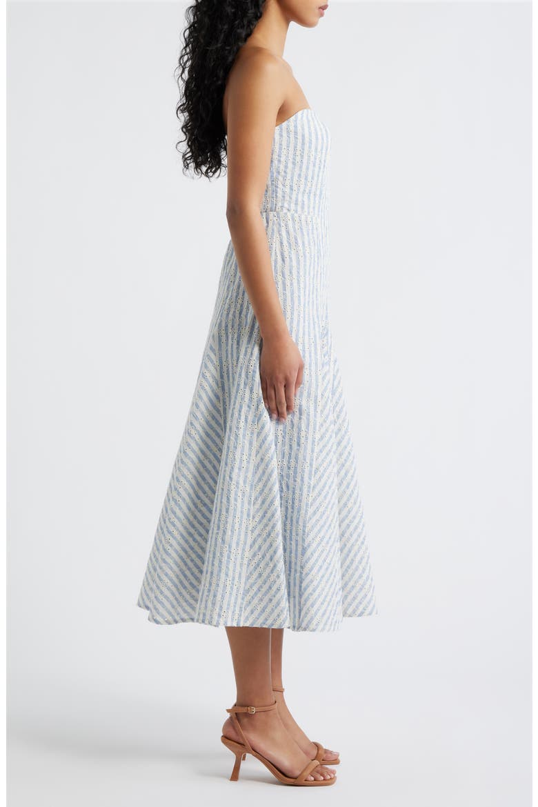 Karina Strapless Stripe Eyelet Midi Dress, Alternate, color, BLUE/ WHITE