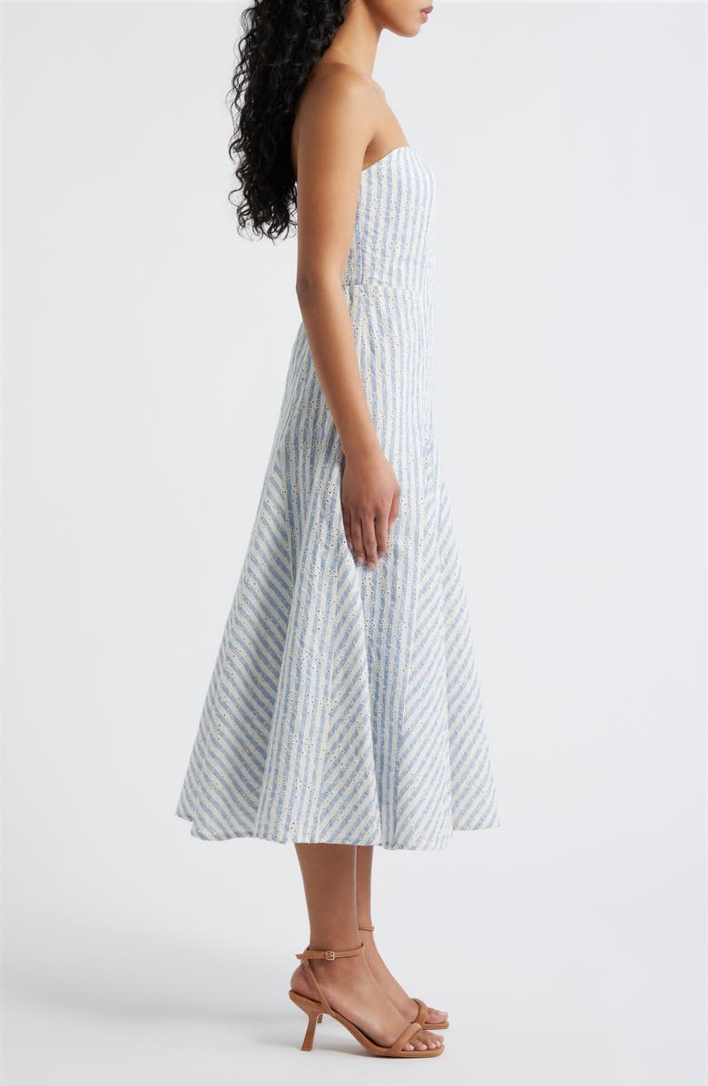 Lulus Karina Strapless Stripe Eyelet Midi Dress, Alternate, color, Blue/ White