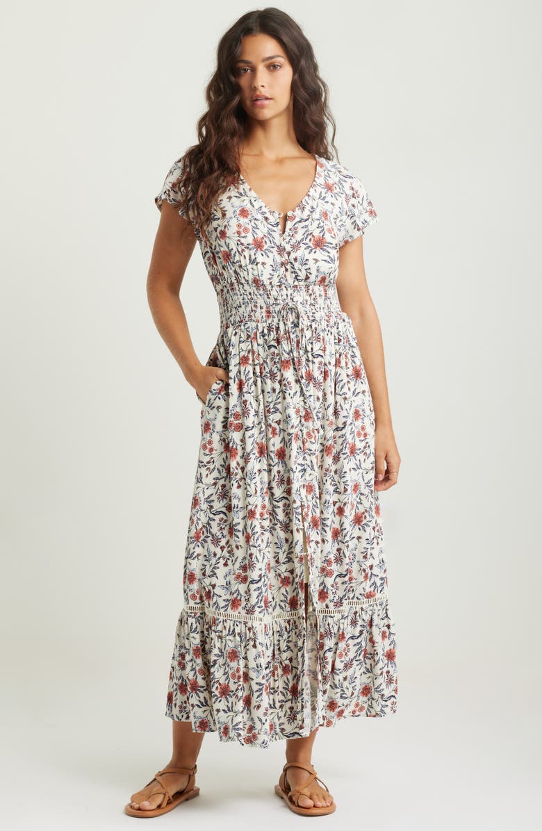 Treasure & Bond Print Smocked Waist Ruffle Hem Maxi Dress, Main, color, Ivory- Pink Fleurette