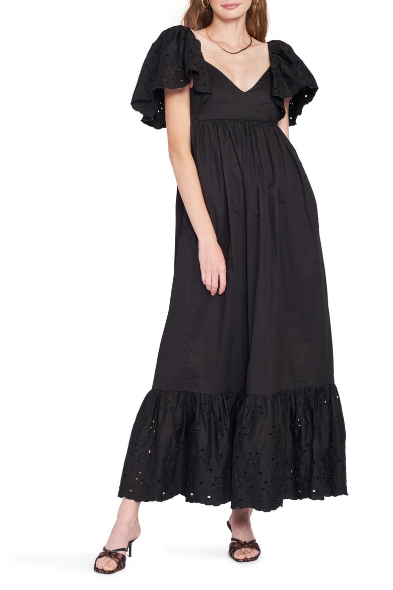 Eyelet Detail Flutter Sleeve Poplin Maxi Dress, Main, color, BLACK
