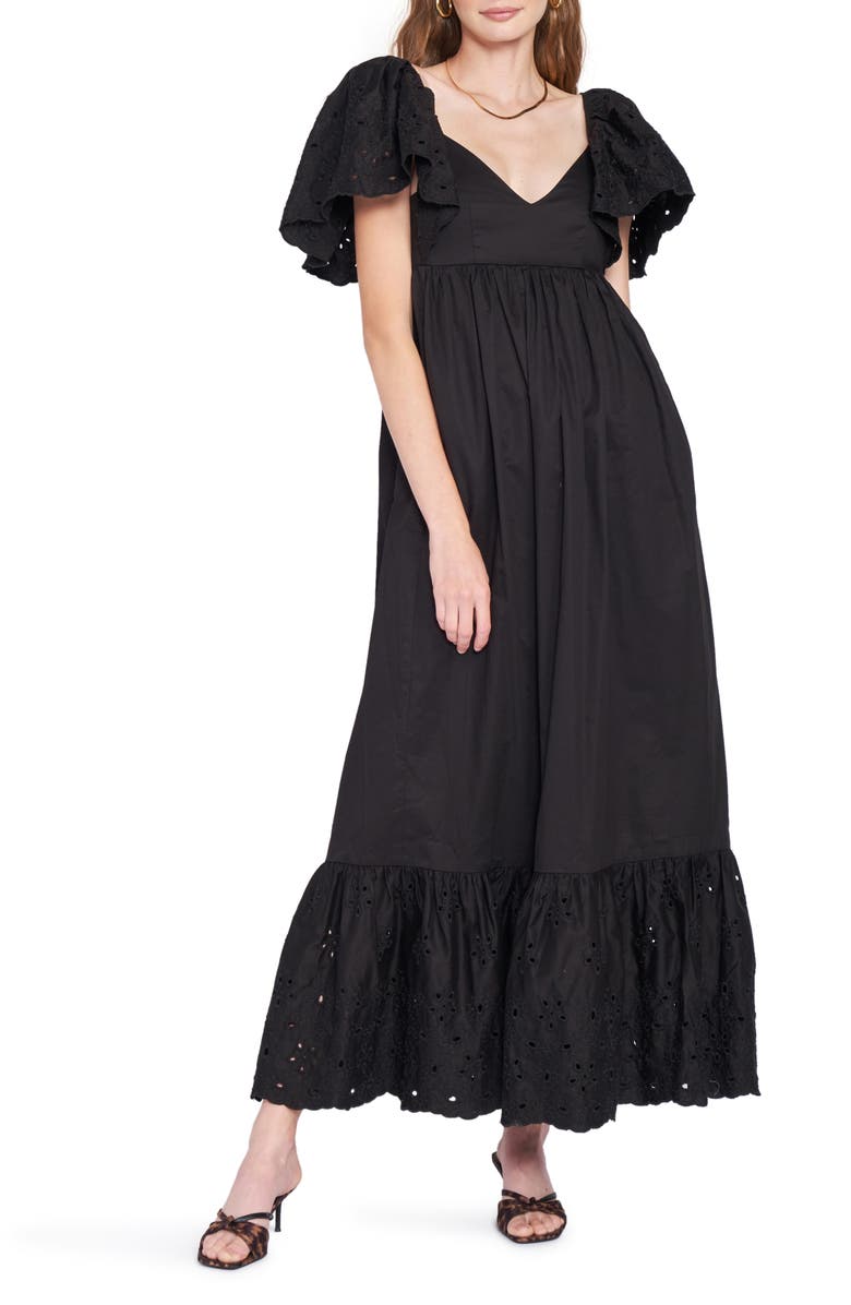 En Saison Eyelet Detail Flutter Sleeve Poplin Maxi Dress, Main, color,