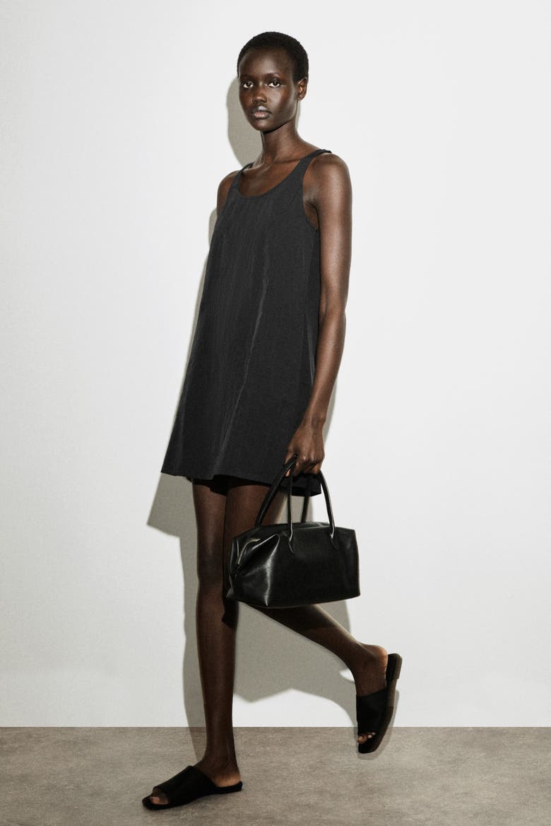 Jersey-paneled Nylon Mini Dress, Alternate, color, BLACK