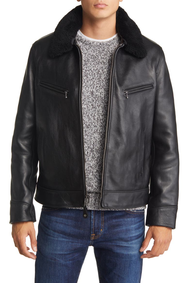 Leather Moto Jacket with Genuine Shearling Trim, Main, color, BLACK