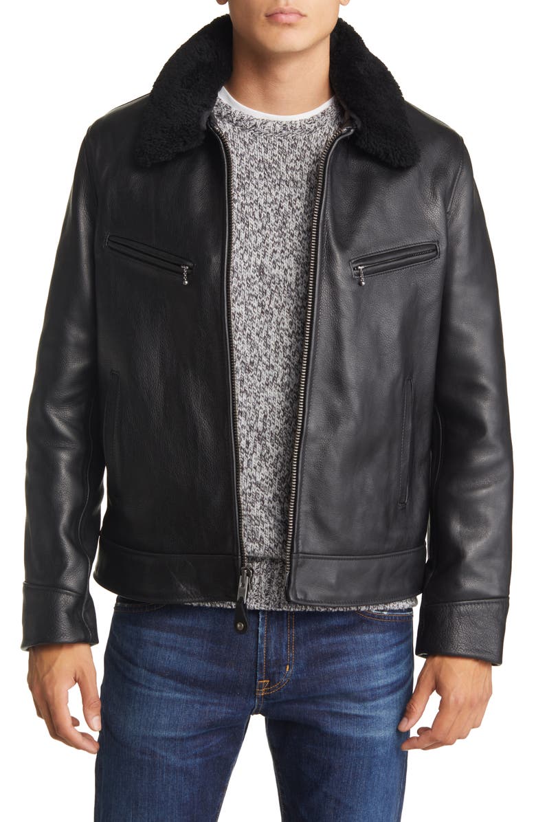 Schott NYC Leather Moto Jacket with Genuine Shearling Trim, Main, color,