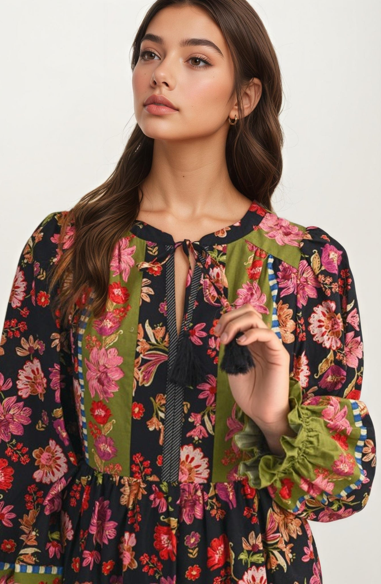 Knit and Lounge Smocked Long Sleeve Floral Midi Dress With Tiered Skirt, Alternate, color,