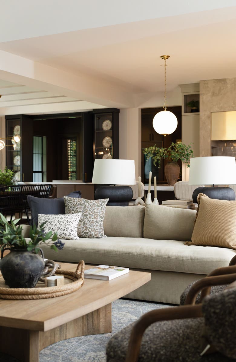 Linen & James Foster | Brown Tan Pleated Ruffle Linen Stripe Pillow Cover, Alternate, color, Golden Brown