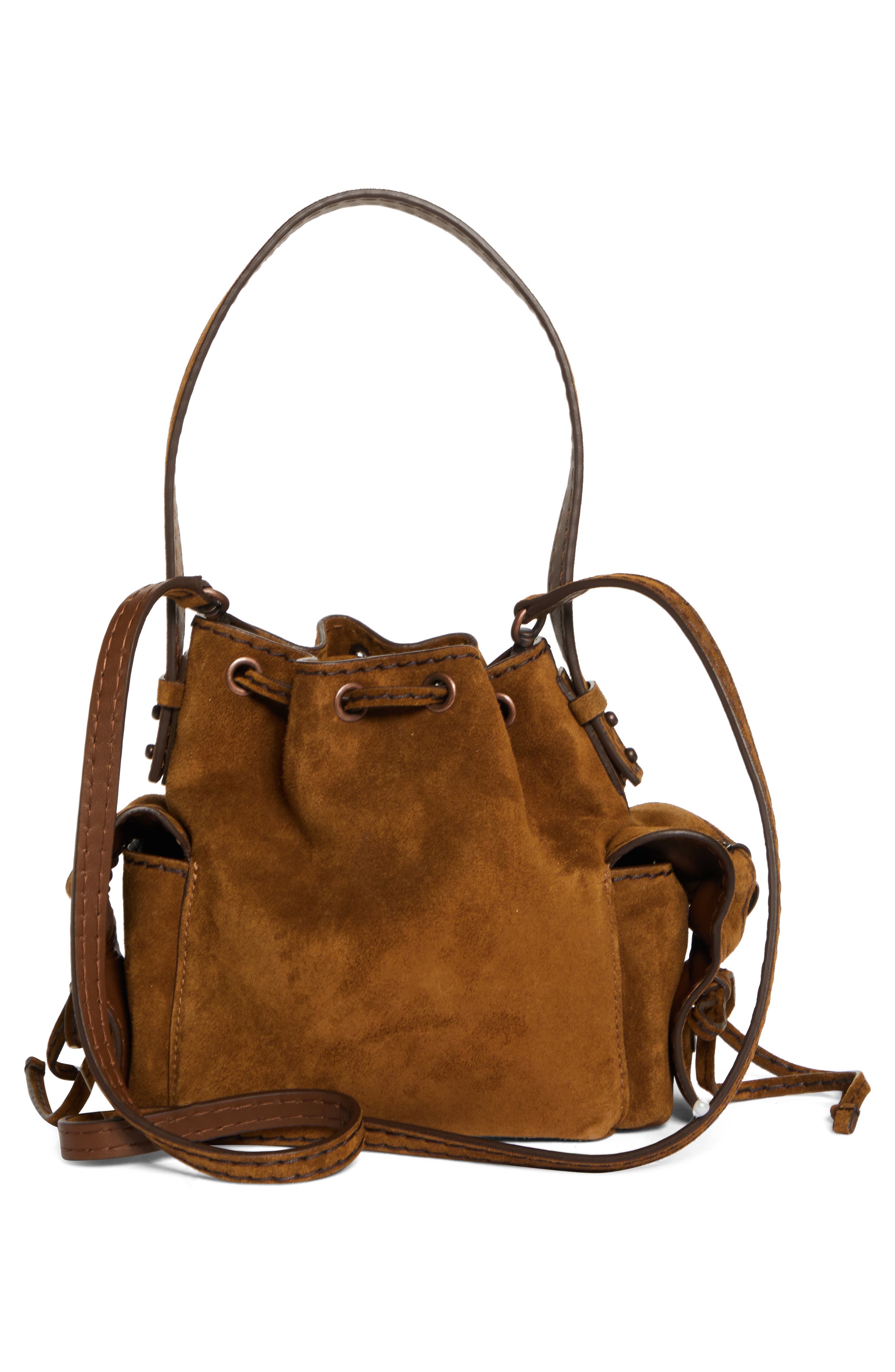 Acne Studios Mini Multipocket Suede Bucket Bag, Alternate, color, Cognac Brown