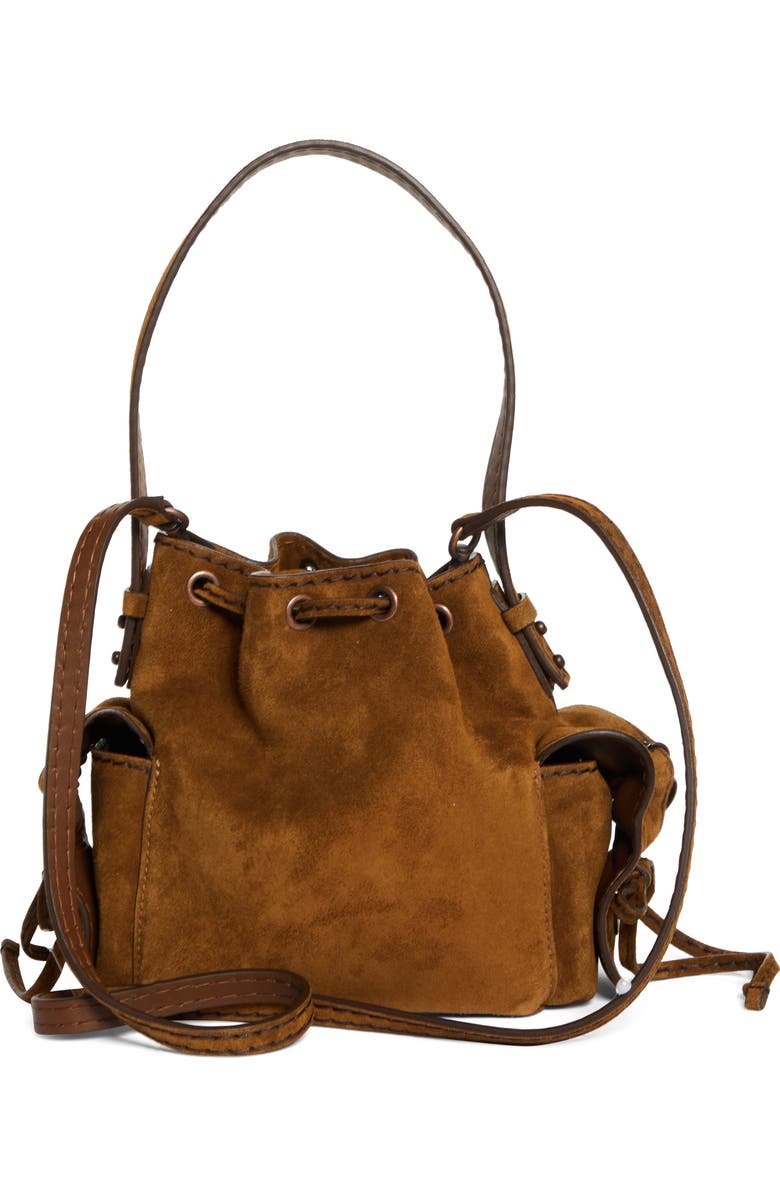 Acne Studios Mini Multipocket Suede Bucket Bag, Alternate, color, Cognac Brown