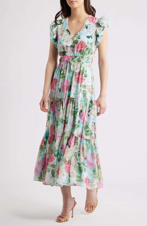 Floral Ruffle Drawstring Waist Dress