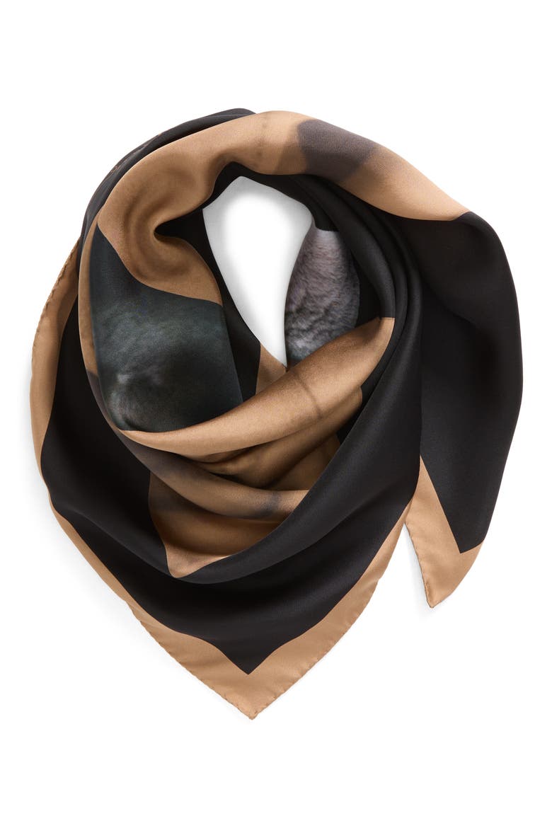 Dog Print Silk Scarf, Alternate, color, CAMEL