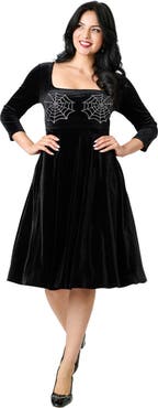 Unique Vintage Square Neck Pleated Swing Dress