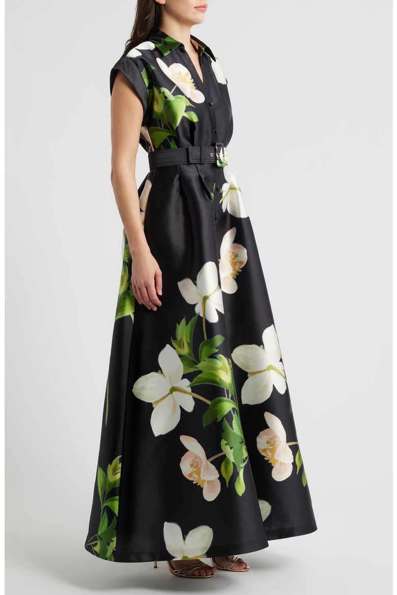 Belted Floral Mikado Shirtdress, Alternate, color, BLACK